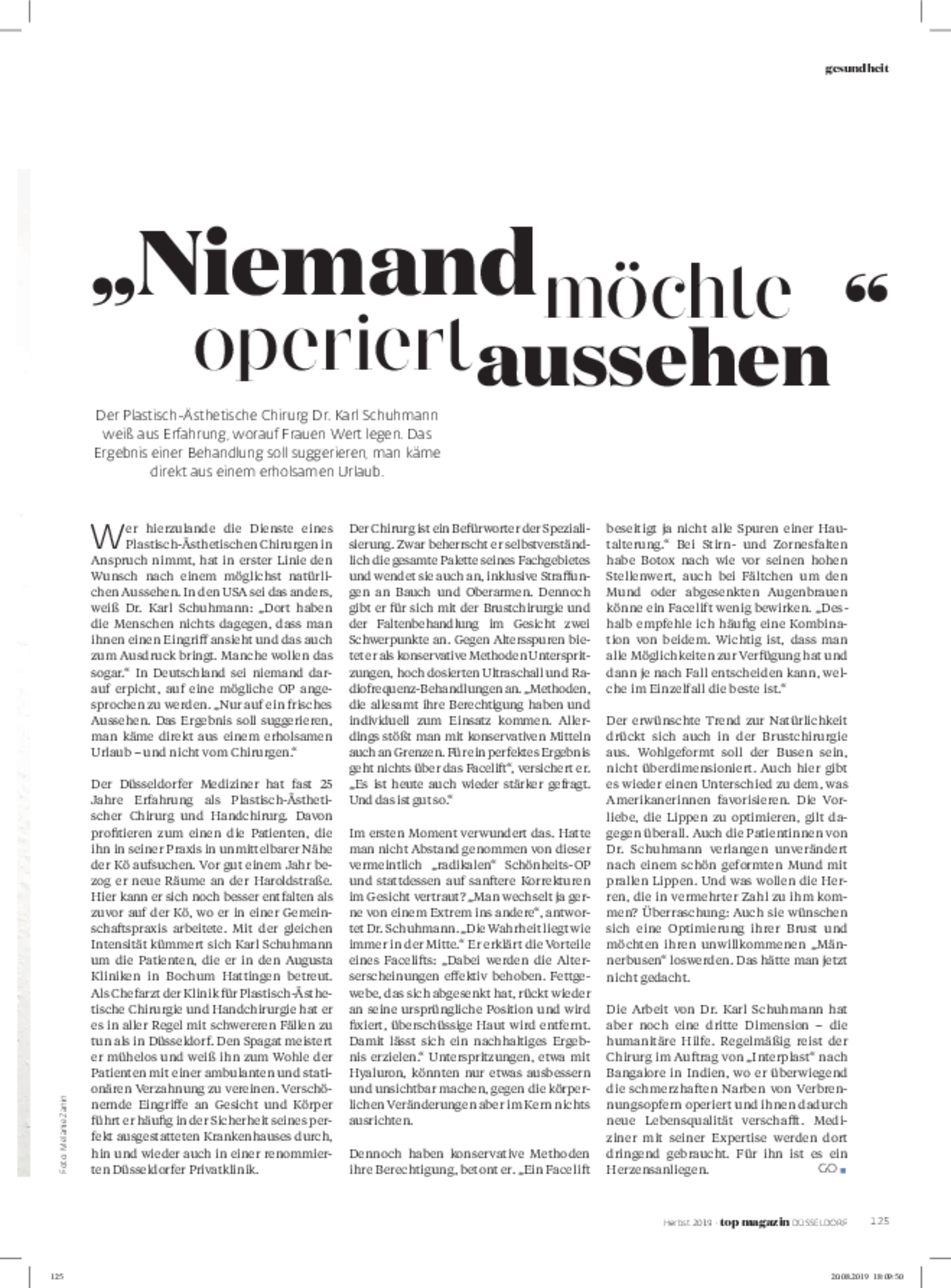 Dr. Schuhmann im TOP Magazin Düsseldorf