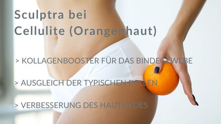Bauch und Po einer Frau, die Frau hat sich eine Orange an den Po
