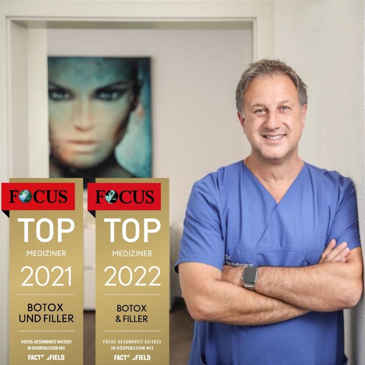 Dr. Karl Schuhmann in seiner Praxis mit zwei Siegeln als Top Mediziner Focus Gesundheit