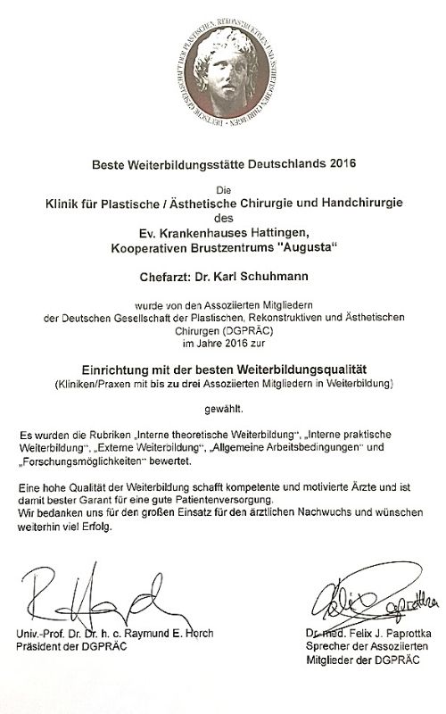 DGPRÄC 2016 - Beste Weiterbildungsstätte, Augusta Kliniken, Dr. Schuhmann